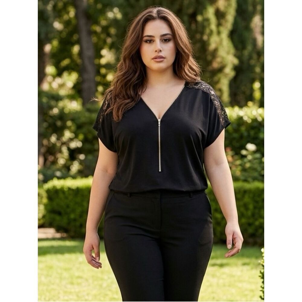 NWT Iris LA Plus Size Black Cap Sleeve Half Zip with Lace Back Blouse - Size 3XL